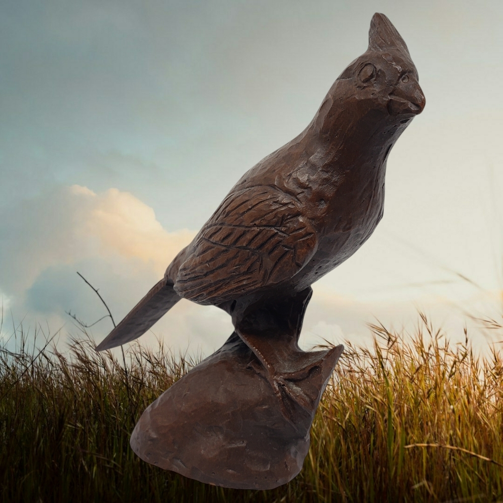 Cardinal Bird on Log Hand Carved Wood Like Statue Figure